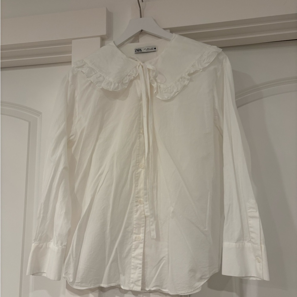 ZARA Cream Ruffled Tie-Neck Blouse